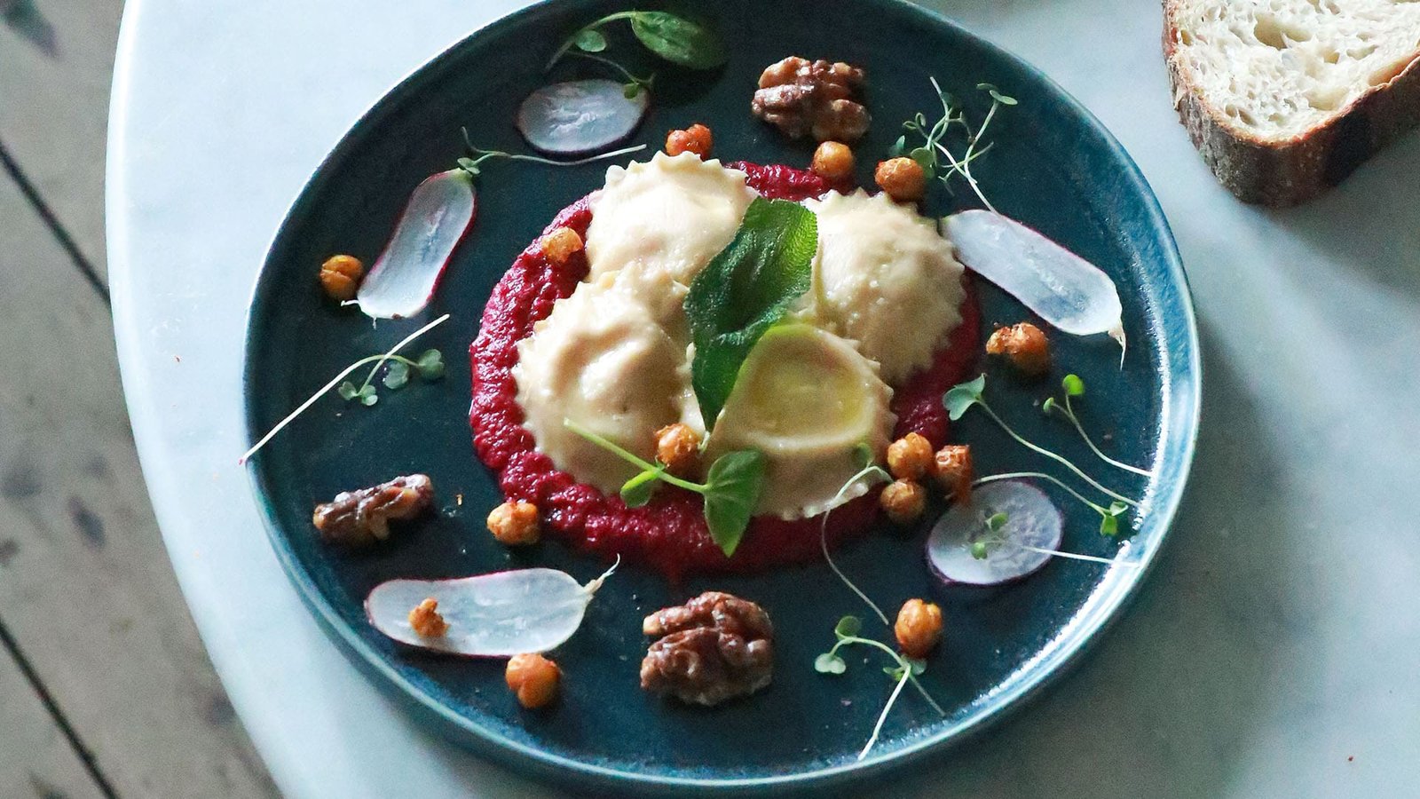 Recipes 4 Ricotta and spinach ravioli with beetroot hummus